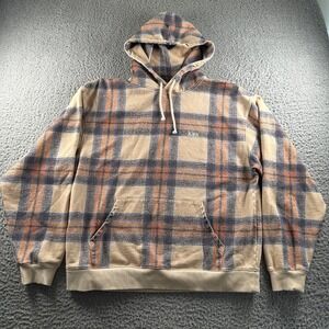 Kith Hoodie Mens L Plaid Pullover Pocket Beige Blue Rust Fleece Lined Relaxed